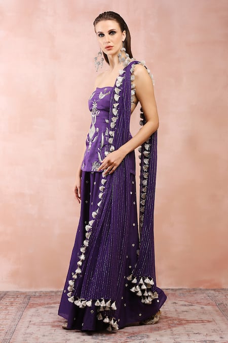Buy_Payal Singhal_Purple Satin, Silk, Lurex, Georgette Vintage Embroidered Kurta Sharara Set _Online_at_Aza_Fashions