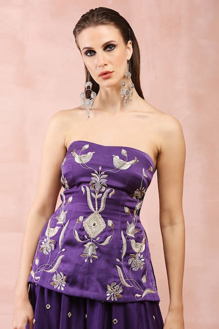 Shop_Payal Singhal_Purple Satin, Silk, Lurex, Georgette Vintage Embroidered Kurta Sharara Set _Online_at_Aza_Fashions