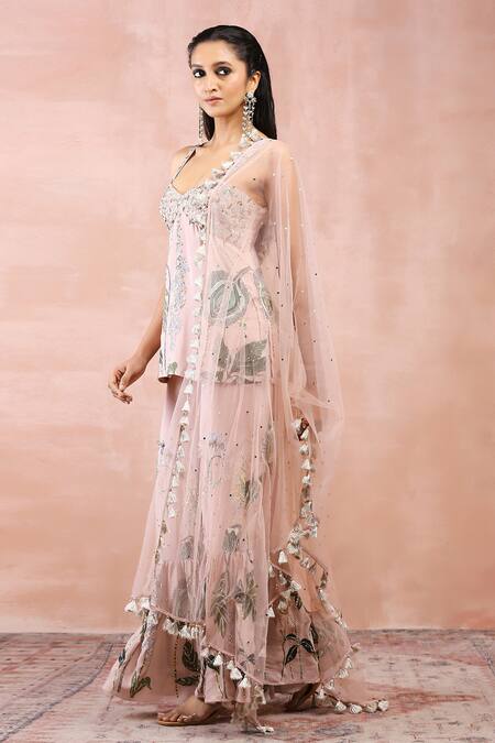 Buy Payal Singhal Pink Crepe, Muslin Sequins, Fringe, Beads Niloufar Print Kurta Sharara Set Online at Aza Fashions Buy_Payal Singhal_Pink Crepe, Muslin Sequins, Fringe, Beads Niloufar Print Kurta Sharara Set _Online_at_Aza_Fashions