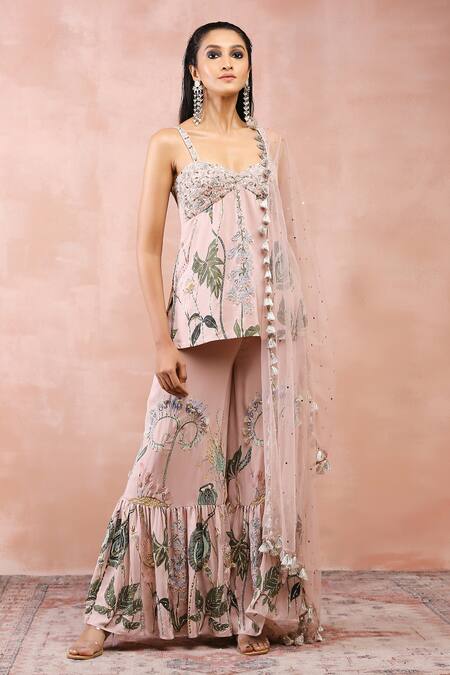 Shop Payal Singhal Pink Crepe, Muslin Sequins, Fringe, Beads Niloufar Print Kurta Sharara Set Online at Aza Fashions Shop_Payal Singhal_Pink Crepe, Muslin Sequins, Fringe, Beads Niloufar Print Kurta Sharara Set _Online_at_Aza_Fashions