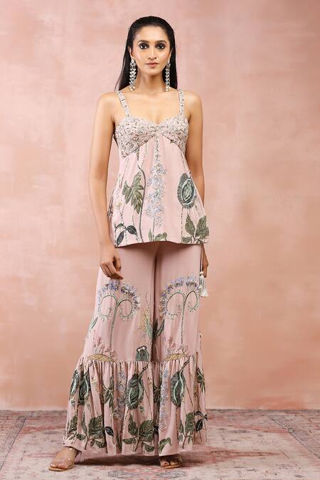 Buy Payal Singhal Pink Crepe, Muslin Sequins, Fringe, Beads Niloufar Print Kurta Sharara Set Buy_Payal Singhal_Pink Crepe, Muslin Sequins, Fringe, Beads Niloufar Print Kurta Sharara Set