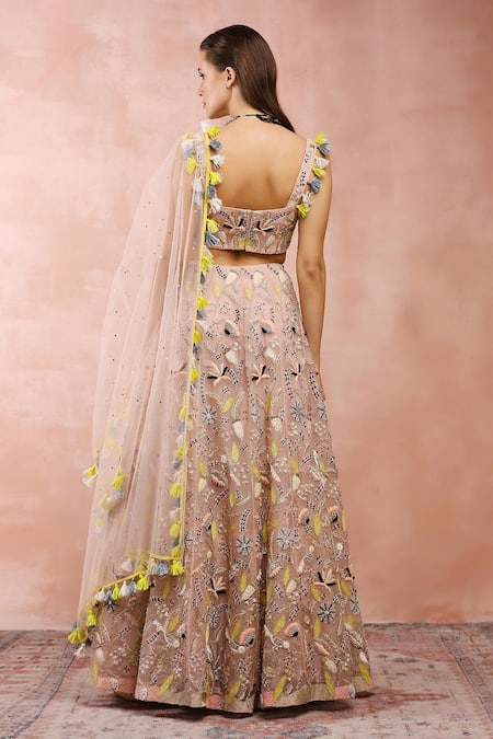 Payal Singhal_Pink Organza, Muslin Beads, Embroidery, Mirrors Sweetheart Garden Lehenga Set _Online_at_Aza_Fashions