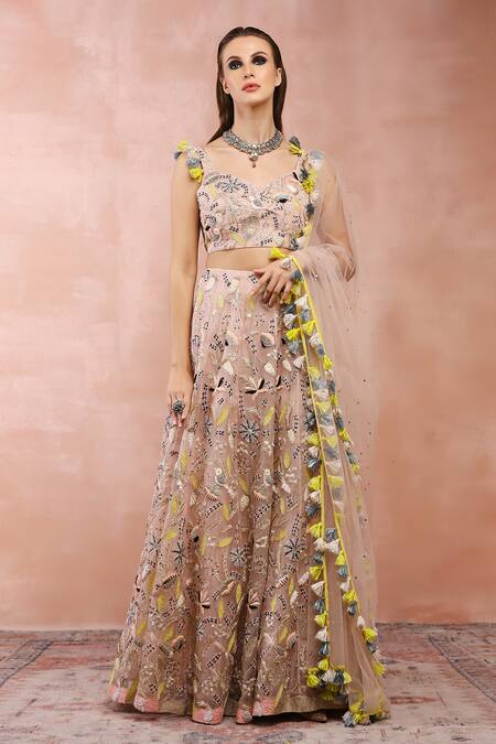 Buy_Payal Singhal_Pink Organza, Muslin Beads, Embroidery, Mirrors Sweetheart Garden Lehenga Set _Online_at_Aza_Fashions