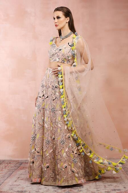 Shop_Payal Singhal_Pink Organza, Muslin Beads, Embroidery, Mirrors Sweetheart Garden Lehenga Set _Online_at_Aza_Fashions