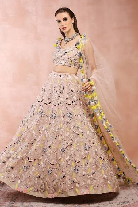 Payal Singhal_Pink Organza, Muslin Beads, Embroidery, Mirrors Sweetheart Garden Lehenga Set _at_Aza_Fashions