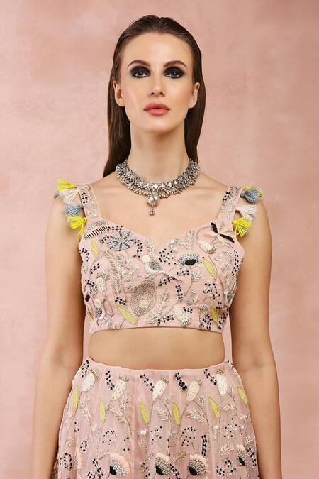 Buy_Payal Singhal_Pink Organza, Muslin Beads, Embroidery, Mirrors Sweetheart Garden Lehenga Set 
