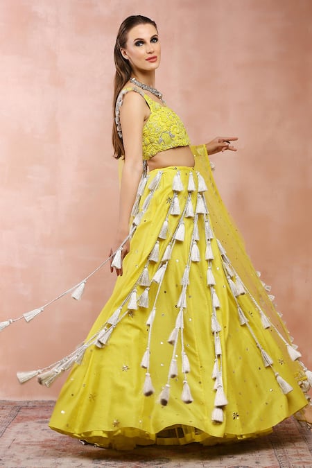 Shop Payal Singhal Yellow Georgette, Muslin Beads, Sequins, Embroidery, Mukaish Lehenga Set Online at Aza Fashions Shop_Payal Singhal_Yellow Georgette, Muslin Beads, Sequins, Embroidery, Mukaish Lehenga Set _Online_at_Aza_Fashions