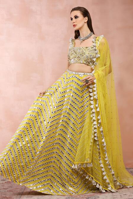 Buy Payal Singhal Yellow Georgette, Muslin Mirrors, Beads, Sequins Square Embroidered Lehenga Set Online at Aza Fashions Buy_Payal Singhal_Yellow Georgette, Muslin Mirrors, Beads, Sequins Square Embroidered Lehenga Set _Online_at_Aza_Fashions