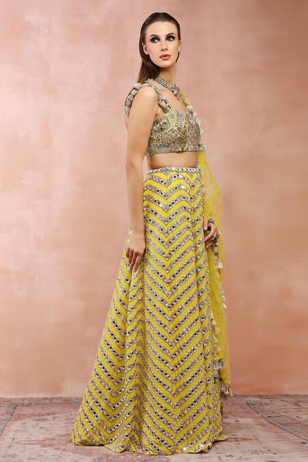 Shop Payal Singhal Yellow Georgette, Muslin Mirrors, Beads, Sequins Square Embroidered Lehenga Set Online at Aza Fashions Shop_Payal Singhal_Yellow Georgette, Muslin Mirrors, Beads, Sequins Square Embroidered Lehenga Set _Online_at_Aza_Fashions