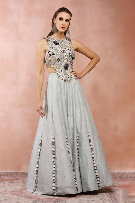 Buy Payal Singhal Blue Georgette Embroidered Zari Round Neck Applique Blouse And Lehenga Set Online at Aza Fashions Buy_Payal Singhal_Blue Georgette Embroidered Zari Round Neck Applique Blouse And Lehenga Set _Online_at_Aza_Fashions