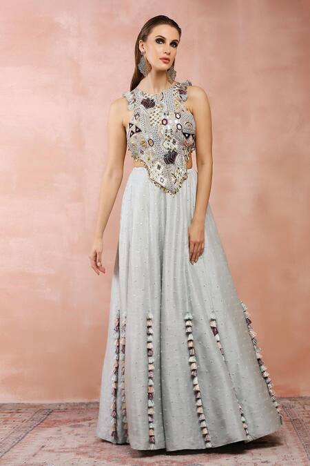 Shop Payal Singhal Blue Georgette Embroidered Zari Round Neck Applique Blouse And Lehenga Set Online at Aza Fashions Shop_Payal Singhal_Blue Georgette Embroidered Zari Round Neck Applique Blouse And Lehenga Set _Online_at_Aza_Fashions