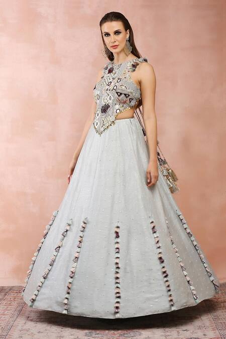 Payal Singhal Blue Georgette Embroidered Zari Round Neck Applique Blouse And Lehenga Set at Aza Fashions Payal Singhal_Blue Georgette Embroidered Zari Round Neck Applique Blouse And Lehenga Set _at_Aza_Fashions