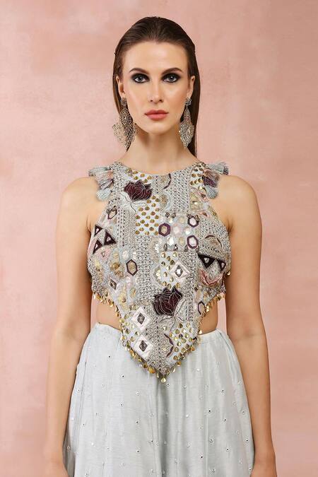 Buy Payal Singhal Blue Georgette Embroidered Zari Round Neck Applique Blouse And Lehenga Set Buy_Payal Singhal_Blue Georgette Embroidered Zari Round Neck Applique Blouse And Lehenga Set