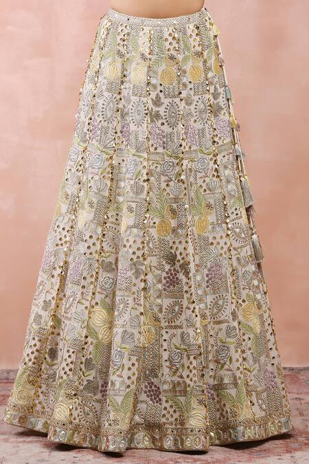 Shop Payal Singhal Off White Georgette, Muslin Sequins, Tassels, Applique Embroidered Lehenga Set Online at Aza Fashions Shop_Payal Singhal_Off White Georgette, Muslin Sequins, Tassels, Applique Embroidered Lehenga Set _Online_at_Aza_Fashions