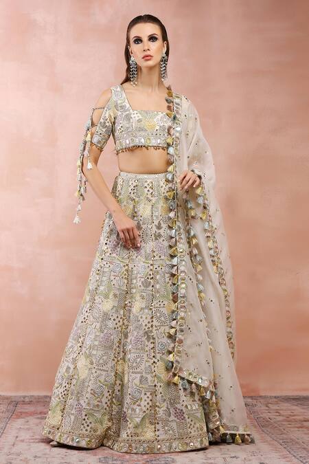 Payal Singhal Off White Georgette, Muslin Sequins, Tassels, Applique Embroidered Lehenga Set at Aza Fashions Payal Singhal_Off White Georgette, Muslin Sequins, Tassels, Applique Embroidered Lehenga Set _at_Aza_Fashions