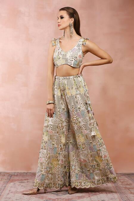 Buy Payal Singhal Off White Georgette, Muslin Sequins, Tassels, Applique Embroidered Lehenga Set Buy_Payal Singhal_Off White Georgette, Muslin Sequins, Tassels, Applique Embroidered Lehenga Set