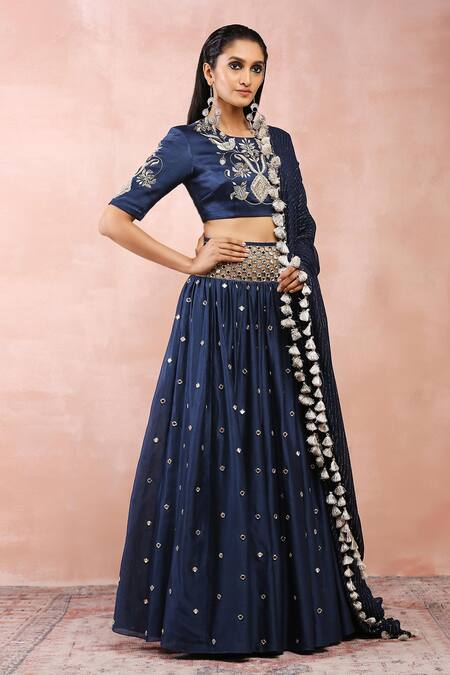 Buy Payal Singhal Blue Satin, Silk, Georgette, Lurex Beads, Mirrors, Gota Navy Work Lehenga Set Online at Aza Fashions Buy_Payal Singhal_Blue Satin, Silk, Georgette, Lurex Beads, Mirrors, Gota Navy Work Lehenga Set _Online_at_Aza_Fashions