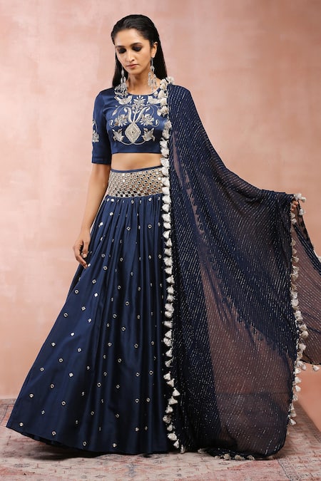 Shop Payal Singhal Blue Satin, Silk, Georgette, Lurex Beads, Mirrors, Gota Navy Work Lehenga Set Online at Aza Fashions Shop_Payal Singhal_Blue Satin, Silk, Georgette, Lurex Beads, Mirrors, Gota Navy Work Lehenga Set _Online_at_Aza_Fashions