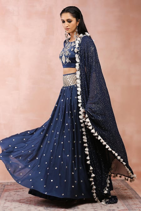 Payal Singhal Blue Satin, Silk, Georgette, Lurex Beads, Mirrors, Gota Navy Work Lehenga Set at Aza Fashions Payal Singhal_Blue Satin, Silk, Georgette, Lurex Beads, Mirrors, Gota Navy Work Lehenga Set _at_Aza_Fashions