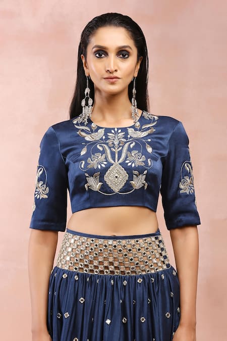 Buy Payal Singhal Blue Satin, Silk, Georgette, Lurex Beads, Mirrors, Gota Navy Work Lehenga Set Buy_Payal Singhal_Blue Satin, Silk, Georgette, Lurex Beads, Mirrors, Gota Navy Work Lehenga Set