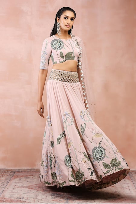 Payal Singhal_Pink Crepe, Muslin Cut Work, Beads, Gota Patti, Niloufar Print Lehenga Set _at_Aza_Fashions