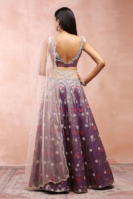 Payal Singhal_Purple Brocade, Net, Muslin Fringe, Embroidery, Botanical Pattern Lehenga Set _Online_at_Aza_Fashions
