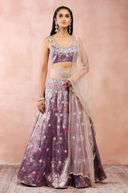 Buy_Payal Singhal_Purple Brocade, Net, Muslin Fringe, Embroidery, Botanical Pattern Lehenga Set _Online_at_Aza_Fashions