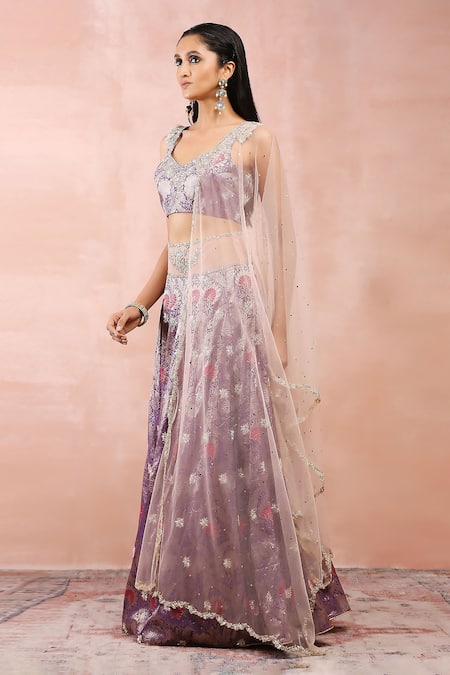 Shop_Payal Singhal_Purple Brocade, Net, Muslin Fringe, Embroidery, Botanical Pattern Lehenga Set _Online_at_Aza_Fashions