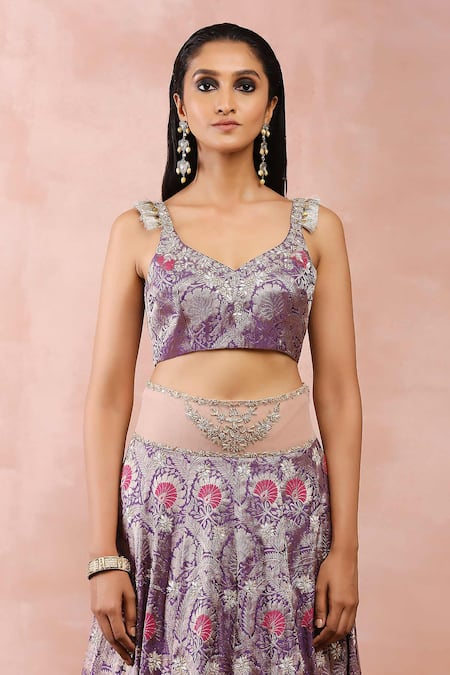 Payal Singhal_Purple Brocade, Net, Muslin Fringe, Embroidery, Botanical Pattern Lehenga Set _at_Aza_Fashions