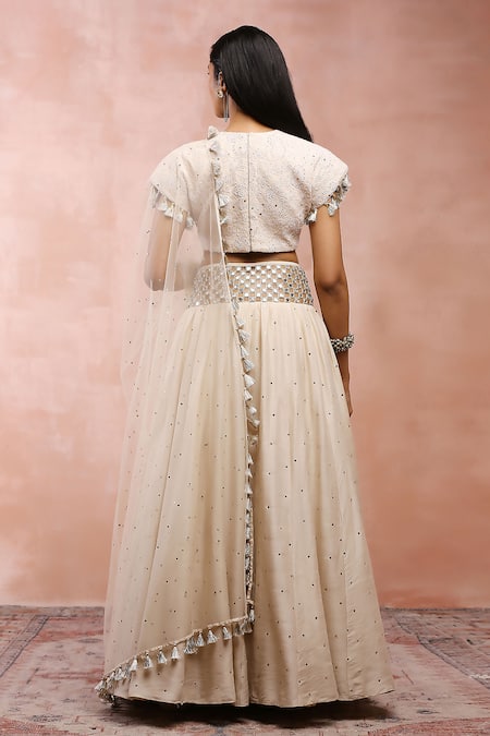 Payal Singhal_Cream Chikankari Embroidered Mukaish Round Neck Blouse Lehenga Set _Online_at_Aza_Fashions