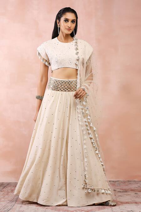 Buy_Payal Singhal_Cream Chikankari Embroidered Mukaish Round Neck Blouse Lehenga Set _Online_at_Aza_Fashions