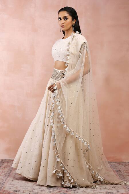 Shop_Payal Singhal_Cream Chikankari Embroidered Mukaish Round Neck Blouse Lehenga Set _Online_at_Aza_Fashions