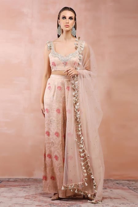 Payal Singhal Pink Brocade Woven And Embroidered Botanical Pattern V Neck Palazzo Set 