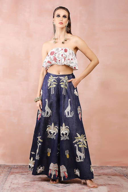 Payal Singhal Off White Crepe Printed And Embroidered Gulbagh Top & Denim Pant Set 