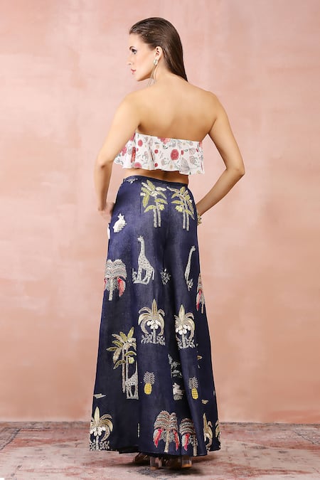 Payal Singhal_Off White Crepe, Denim Sequins, Beads Round Printed Top And Embroidered Pant Set _Online_at_Aza_Fashions