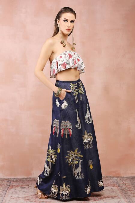 Buy_Payal Singhal_Off White Crepe, Denim Sequins, Beads Round Printed Top And Embroidered Pant Set _Online_at_Aza_Fashions