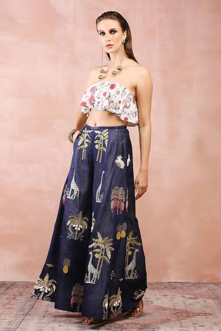 Shop_Payal Singhal_Off White Crepe, Denim Sequins, Beads Round Printed Top And Embroidered Pant Set _Online_at_Aza_Fashions