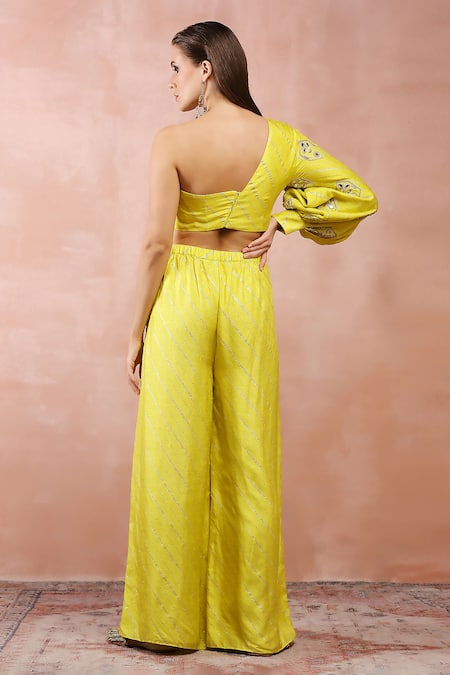 Payal Singhal_Green Denim Mirrors, Tassels One Shoulder Embroidered Blouse And Pant Set _Online_at_Aza_Fashions