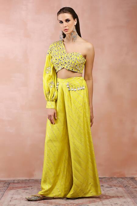 Buy_Payal Singhal_Green Denim Mirrors, Tassels One Shoulder Embroidered Blouse And Pant Set _Online_at_Aza_Fashions