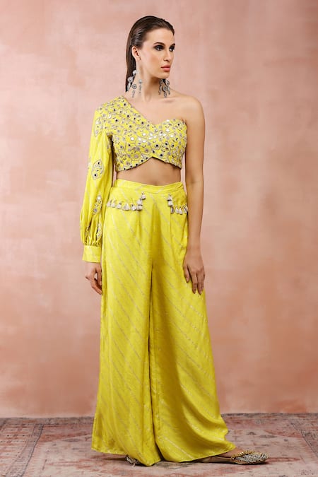 Shop_Payal Singhal_Green Denim Mirrors, Tassels One Shoulder Embroidered Blouse And Pant Set _Online_at_Aza_Fashions