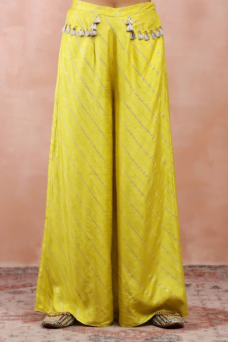 Payal Singhal_Green Denim Mirrors, Tassels One Shoulder Embroidered Blouse And Pant Set _at_Aza_Fashions