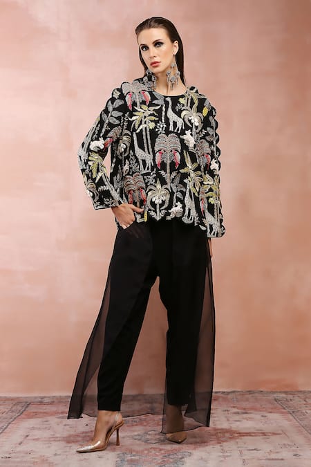 Payal Singhal_Black Georgette Embroidered Shell Round Neck Safar And Joggers Pant Set_Online_at_Aza_Fashions