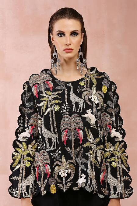 Buy_Payal Singhal_Black Georgette Embroidered Shell Round Neck Safar And Joggers Pant Set_Online_at_Aza_Fashions