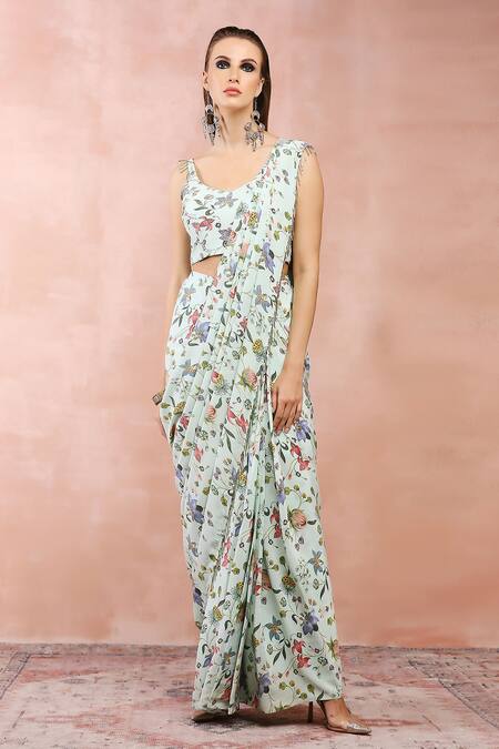 Buy_Payal Singhal_Green Crepe Printed And Embroidered Nargis Pre-draped Saree & Blouse Set _Online_at_Aza_Fashions