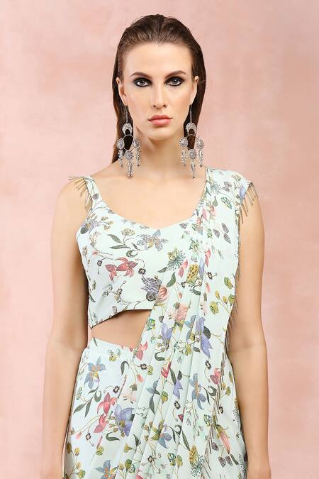 Payal Singhal_Green Crepe Printed And Embroidered Nargis Pre-draped Saree & Blouse Set _at_Aza_Fashions