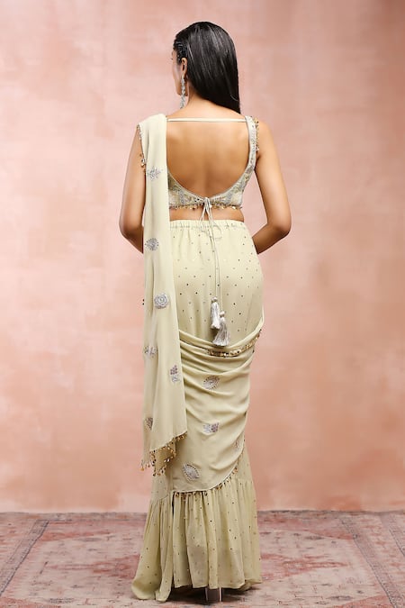 Payal Singhal_Green Georgette, Muslin Mukaish Embroidered Pre-draped Saree And Blouse Set _Online_at_Aza_Fashions