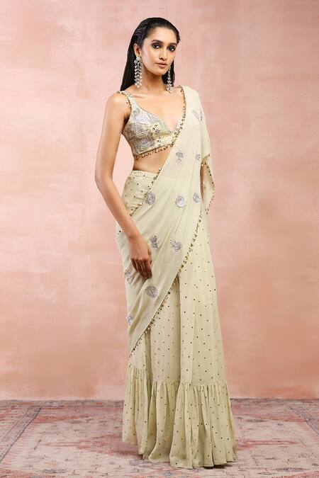 Buy_Payal Singhal_Green Georgette, Muslin Mukaish Embroidered Pre-draped Saree And Blouse Set _Online_at_Aza_Fashions