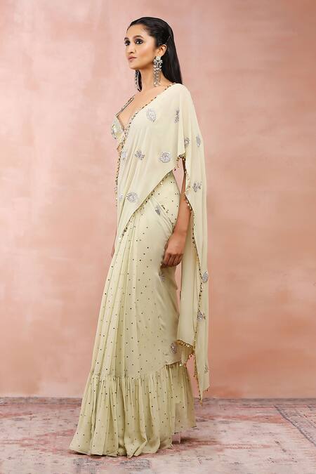 Shop_Payal Singhal_Green Georgette, Muslin Mukaish Embroidered Pre-draped Saree And Blouse Set _Online_at_Aza_Fashions
