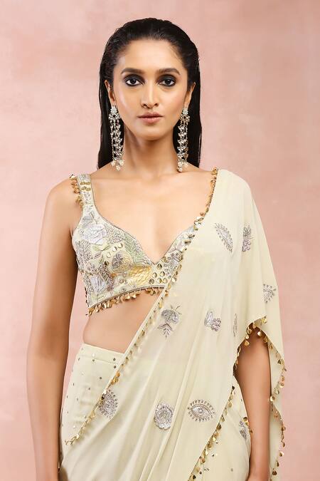 Payal Singhal_Green Georgette, Muslin Mukaish Embroidered Pre-draped Saree And Blouse Set _at_Aza_Fashions