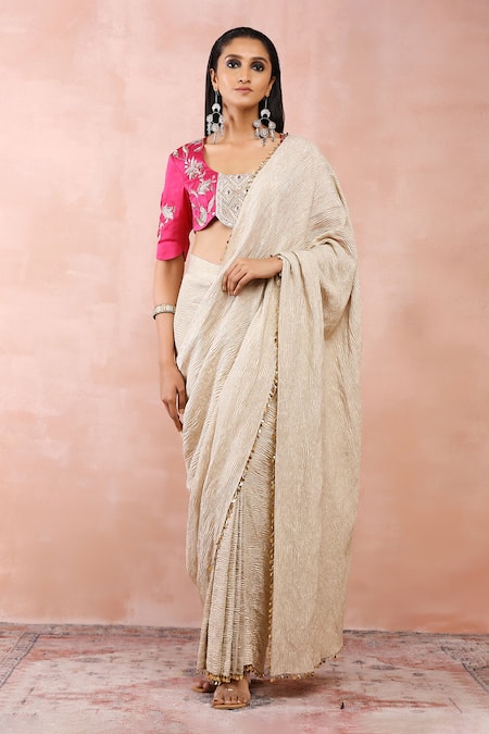 Payal Singhal Silver Satin Embroidered Crinkled Pre-draped Saree And Blouse Set 